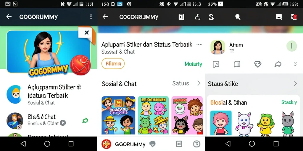 Tampilan antarmuka GOGORUMMY dengan stiker-stiker menarik.