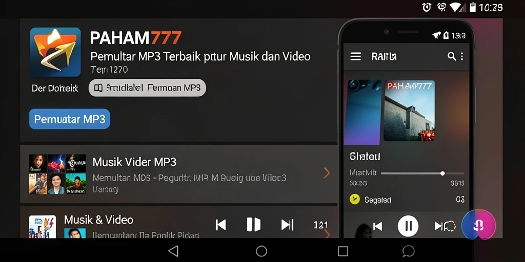Antarmuka PAHAM777 menampilkan pemutar musik modern dan interaktif.